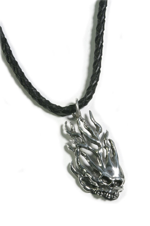 Silver Skull - Flame - silver necklace-pendant - 1 15/16" T